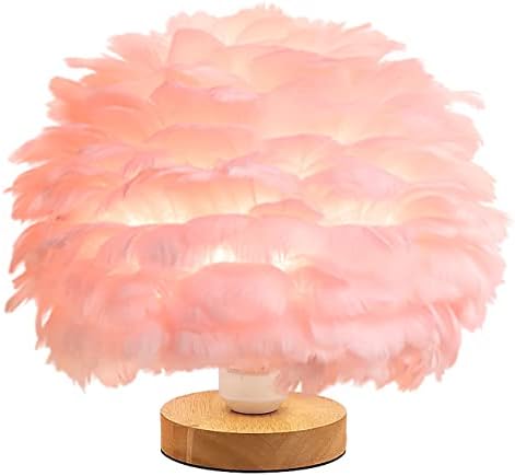 Feather Table Lamp Bedside Lamp with Wooden Base Feather Table Light Desk Lampshade for Bedroom Lamp, Decorative Lamp, Living Room