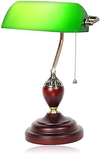 Table lamp Emerald Green Glass Reading Light Wooden Base 1920's Classic Banker lamp Green Pull Switch LED Desk lamp Adjustable 360 Degree lampshade OfficeBedroomStudy E27 (Model-A)