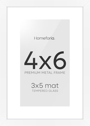Homeforia 4x6 White Picture Frame, High-End Metal, 3x5 Mat, Glass