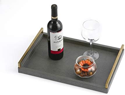 17.8 * 11.8" Grey Shagreen Large Serving Tray with Brushed Gold Handle,Faux Leather Home Decorative Tray, Coffee Table Tray for Living Room, Dinning, Vanity （Grey