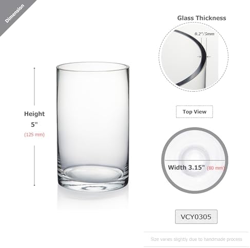 WGVI Quality Thick Clear Cylinder Glass Vase, 3" W x 5" H, Floral Container, Glass Candle Holder, Flower Vases, Wedding Centerpiece, Table Top Home Décor Accent, in Bulk Wholesale, 12 Pieces