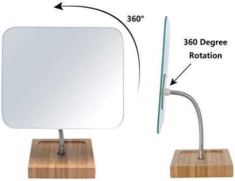 YEAKE Flexible Gooseneck Bamboo Vanity Makeup Mirror,360°Rotation 8" Large Frameless, Folding Portable Table Desk Mirror with Stand for Bathroom Shaving Make Up, Rectangle