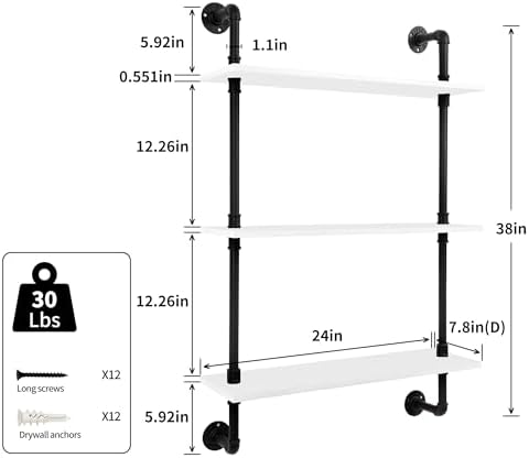 3-Tier Industrial Pipe Floating Shelf – Rustic 24 inch Wood Wall-Mounted Storage Shelf for Kitchen Office,Bathroom & Home Decor -White