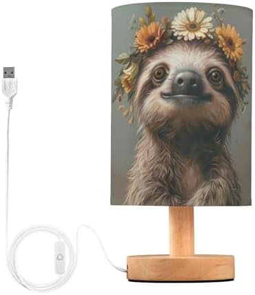 Cute Sloth LED Table Lamp - Modern Minimalist Bedside Lamp with Round Flaxen Fabric Shade for Nightstand, Perfect for Bedroom Ambiance