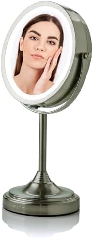 OVENTE 7'' Lighted Magnifying Makeup Mirror, Nickel Brushed MCT70BR1X7X | Cordless Tabletop Vanity Mirror with 1X/7X Magnification, Battery Operated, 360° Swivel Design, Cool-Tone LED Lights