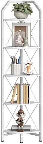 CHOEZON 5-Tier Corner Shelf, Industrial Corner Bookshelf, 59.4" Corner Storage Stand, Plant Stand Display Shelf, Corner Bookcase for Bedroom, Living Room, Home Office, White TCJ10WB