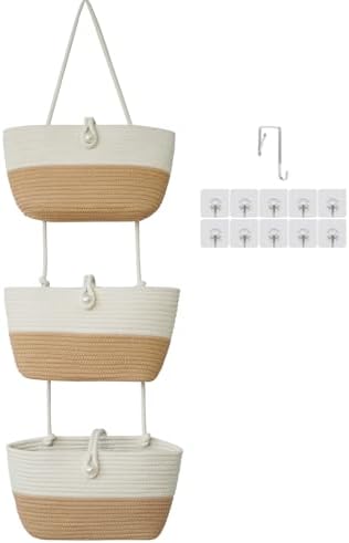 TeoKJ 3-Tier Hanging Baskets for Storage with Pearl Button Strap, Cotton Rope Over the Door Organizer, Wall-Mounted with Hook Decorative Hanging Kitchen Baskets, White & Jute