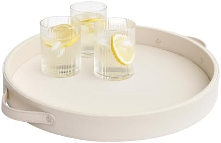 HofferRuffer Top Nocth PU Leather Round Serving Tray, Decorative Serving Tray with Handles, Coffee Tray, Ottoman Tray for Home Or Office, Diameter 14.6-inch (CreamWhite)