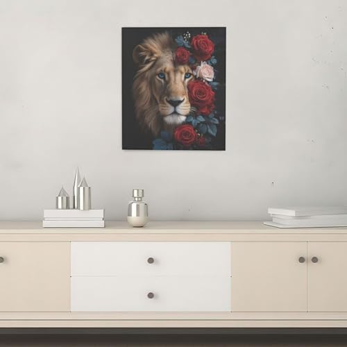 Crekviy Lion Wall Art Lion Pictures Wall Decor Red Rose Canvas Prints Painting Artwork Decoration for Office Bathroom Bedroom Living Room Framed Gifts 20"x24"