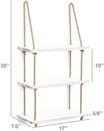 Mkono Hanging Shelves 3 Tier White Wood Wall Mount Floating Shelf with Rope Boho Decor for Living Room Bathroom Bedroom Kitchen Apartment - Rustic Wood Decorative Storage Shelf