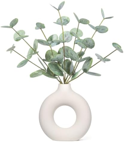 FIACO Artificial Eucalyptus Stems in Ceramic Vase, 14" Fake Plants for Home Decor, Coffee Table Centerpiece Bathroom Shelf Dining Table Farmhouse Faux Greenery Plants Indoor Decorations