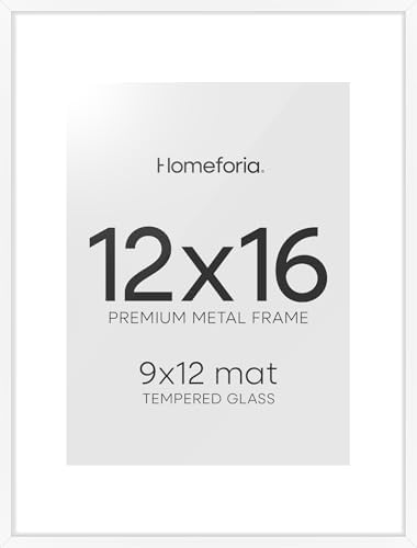Homeforia 12x16 White Picture Frame, High-End Metal, 9x12 Mat, Glass