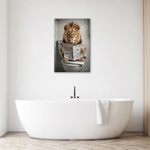 Funny Lion Bathroom Wall Art Cute Lion Toilet Wall Decor Pictures Animal Bathroom Canvas Prints Painting Home Decorations Restroom Artwork Ready to Hang Framed Gifts 16"x20"