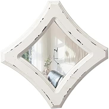 Farmhouse Small Decorative Mirrors for Wall Decor 7.9 inch | Hanging Distressed White Vintage Wood Frame Bedroom Mirror, Rustic Rhombus Wall Mounted Mirror for Home Decor Living Room