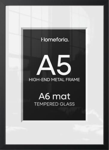Homeforia A5 Black Picture Frame, High-End Metal, A6 Mat, Glass