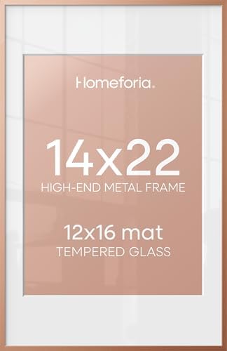 Homeforia 14x22 Rose Picture Frame, High-End Metal, 12x16 Mat, Glass