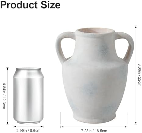 Ceramic Flower Vase with Handles, 8.66 inch Tall Ceramic Vase Farmhouse Rustic Vases Decorative Pottery Vases for Home Decor Living Room Bookshelf Table Centerpiece Desk Bathroom Fireplace, White
