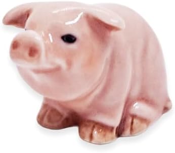 WitnyStore Tiny 1¼" Long Pink Sitting Smiling Pig Figurine - Miniature Hand Made Painted Ceramic Pigs Swine Hog Piglet Livestock Farm Animals Cute Porcelain Decorative Collectible Figures Décor Gifts