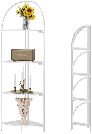 Crofy 4-Tier Foldable Corner Shelf, Metal White Frame & Transparent Shelves