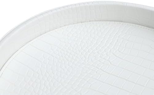 HofferRuffer Faux Leather Round Serving Tray, Vegan Croco Leather Decorative Food Tray for Storage Drinks, Snack & Cosmetics, Dia.12'' x 1.6'' (White Croco, 12'')