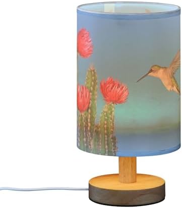 Table Lamp Hummingbird Couple Flying to Cactus with Red Flower Blue Sky Nightstand Lamp with Wood Base Fabric Lamp Shade Bedside Desk Lamp for Living Room Bedroom Kids Room Office