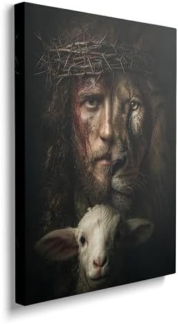 Jesus Canvas Wall Art Lion of Judah Pictures Christian Art Painting Religious God Prints Sheep Lion Modern Artwork for Bathroom Living Room Bedroom Office Framed Wall Decor 12"x16"