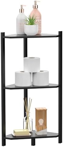 Wisuce Black Small Corner Shelf Stand, 3-Tier Bamboo Corner Bookshelf