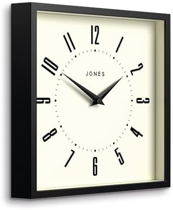 JONES CLOCKS® Box wall Clock | Retro Square Clock | 10" | Black | Easy to Read Numbers | Perfect Kitchen Clock or Office Clock