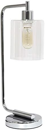 Simple Designs LD1036-CHR Bronson Antique Style Industrial Iron Lantern Desk Bedside Glass Shade Table Lamp, Chrome
