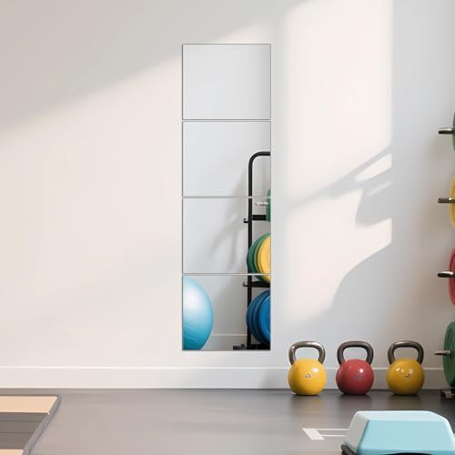 Glass Full Length Mirror Tiles, 14" x 12" x 4PCS Home Gym Mirror for Wall | Frameless Wall Mounted Mirror for Garage, Bedroom, Living Room, Over The Door