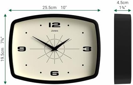 JONES CLOCKS® Movie wall Clock | Rectangular Retro Clock | 10" | Black | Cool mid-Century Designer Look for Kitchen, Living Room or Office