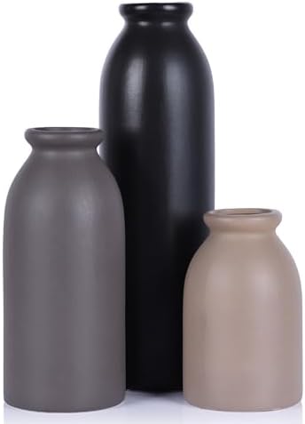 Matte Ceramic Vase Set of 3 - Modern Rustic Farmhouse Style, Decorative Vases for Dining Table, Shelf, Bedroom, Living Room, Kitchen, Office, Bathroom, Mantle, Centerpiece Décor (Neutral)