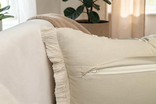Rudransha Botanical Vine Embroidered 12x20 Lumbar Throw Pillow Cover - Sage Green Cream Cotton with Fringe Trim - Cushion Case for Couch Sofa Bed - Philodean Leaves