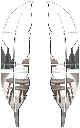 2 Pcs 3D Acrylic Mirror Wall Decor Stickers, Silver Feather Shaped Set DIY Self-Adhesive Wall Art Decals, Home Decorations for Home Living Room Bedroom Bathroom (12 x 49 Inches)