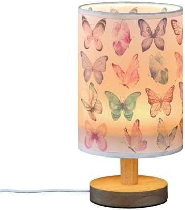 Table Lamp Colorful Butterflies Pink Blue Butterfly Nightstand Lamp with Wood Base Fabric Lamp Shade Bedside Desk Lamp for Living Room Bedroom Kids Room Office