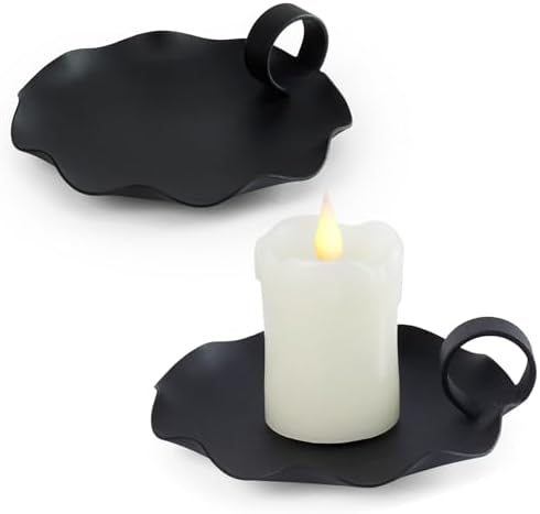 Candle Holders for Pillar Candles 5.5" Overall Width Black Metal Holder with Plate, Fits Pillar Candles up to 3.3" in Diameter & Flameless, Modern Minimalist Candle Dish (2 PCS, Black)