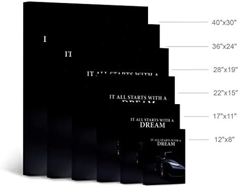Smile Art Design It All Starts with a Dream Black Sports Car Luxury Motivational Wall Art Canvas Print Inspirational Wall Art Entrepreneur Quote Office Living Room Decor Gift Ready to Hang 28x19