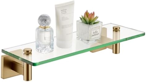 KOKOSIRI Wall Shelves Bathroom Hardware Glass Floating Shelf 12-Inch for Bedroom, Living Room, Kitchen, Hanging Rack Champagne Bronze B1105CPG-L12