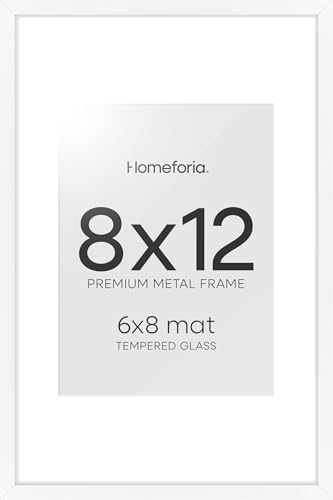 Homeforia 8x12 White Picture Frame, High-End Metal, 6x8 Mat, Glass