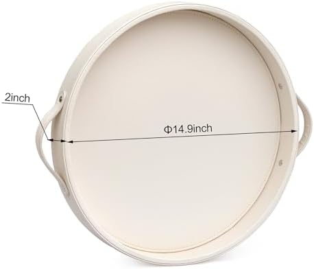 HofferRuffer Top Nocth PU Leather Round Serving Tray, Decorative Serving Tray with Handles, Coffee Tray, Ottoman Tray for Home Or Office, Diameter 14.6-inch (CreamWhite)