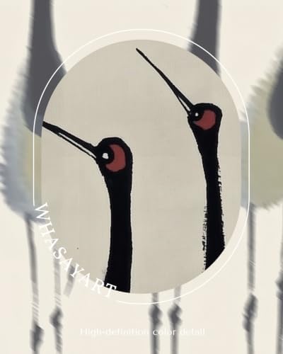 WHASAYART Vintage Framed Ink Crane Wall Art Bird Canvas Wall Decor 16x24 | Four Red-Crowned Cranes Traditional Brush Painting Print, Minimalist Chinese Japanese Bird Nature Artwork for Modern Bathroom