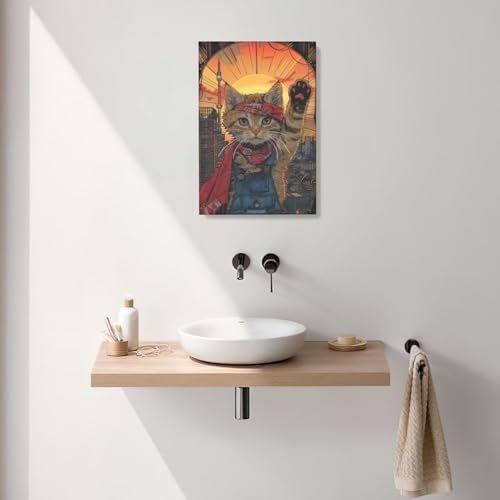 Crekviy Funny Cat Decor Wall Art Superhero Portrait Pictures Cute Kitten Canvas Prints Painting Artwork Decorations for Bathroom Bedroom Living Room Framed Kids Gifts for Cat Lover 16"x24"
