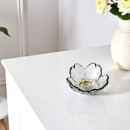 Crystal Black Flower Ring Dish Jewelry Tray, Decorative Glass Trinket Dish, Modern Accent Tray for Vanity
