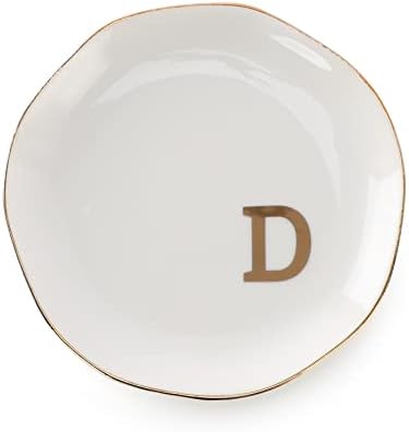 Initials Ring Dish Jewery Tray with Personalized D-Monogrammed Gifts Wedding Engagement for Women Friends sister,Ceramic White