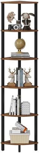 VIMBER Corner Shelf, 6-Tier Corner Bookshelf, Industrial Corner Ladder Shelf, DIY Storage Shelves, Rustic Display Shelf for Living Room, Bedroom, Kitchen, Home Office, Rustic Brown and Black UJSJ004F