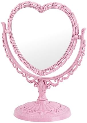 Heart Shaped Cute Vanity Princess Mirror for Desk,Double-Sided Rotatable Table with Stand Downtown Girl Room Coquette Decor (Pink)