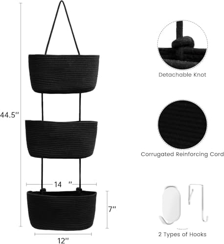 Hanging Basket, Over Door Organizer, 3 -Tier Wall Basket with Hooks (Modern)