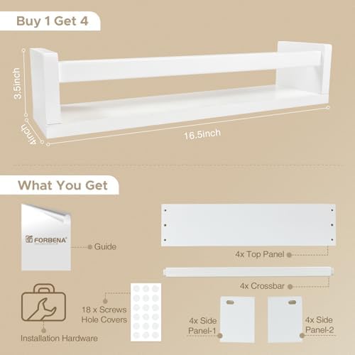 Forbena Floating Nursery Book Shelves for Wall Set of 4, Wall Bookshelf for Kids Room, White Wood Hanging Bookshelves Book Shelf for Baby Toddler Childrens Boy Girl Bedoom Toy and Decor Storage
