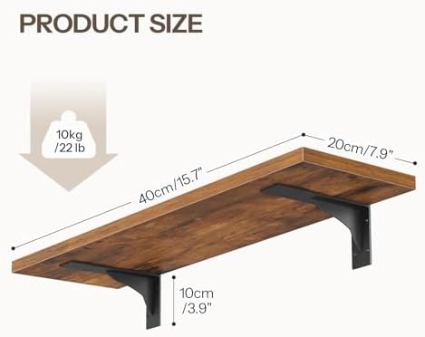 HOOBRO Floating Shelves for Wall, 15.7" Wall Mounted Shelves Set of 2, Hanging Storage Shelf with Metal Brackets, Wooden Shelf for Living Room, Bedroom, Bathroom, Rustic Brown and Black BF42BJP201G1