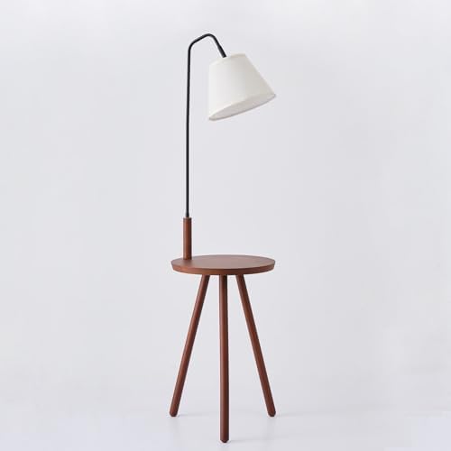 Fiqevs Wood Tripod Floor Lamp with Shelf & LED Bulbs, Mid-Century Modern Standing Lamp with Wooden Shelf & Linen Shade for Living Room, Bedroom, Office